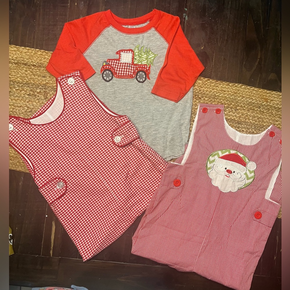 Holiday SET (3) size 4T Boys- 2 Rompers/Longal and 1 Appliqué Shirt